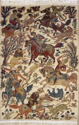 3’1”X4’9” Rug Pictorial Hunting Shikargah Six Horses